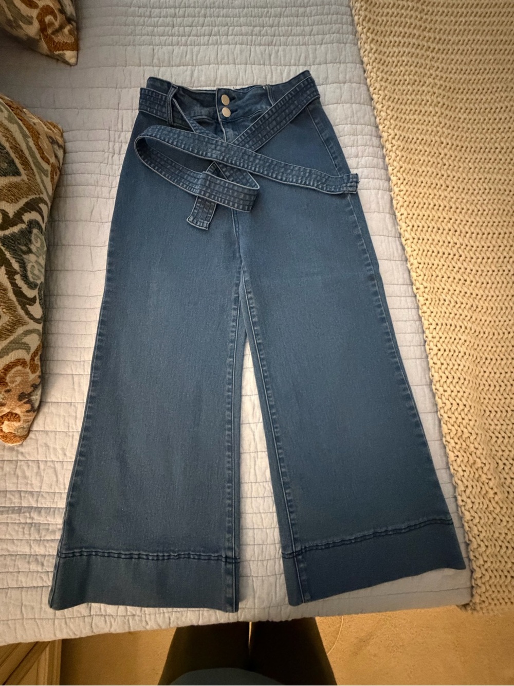 Flying Tomato Dark Blue High-Waist Wide-Leg Jeans with Tie Belt
